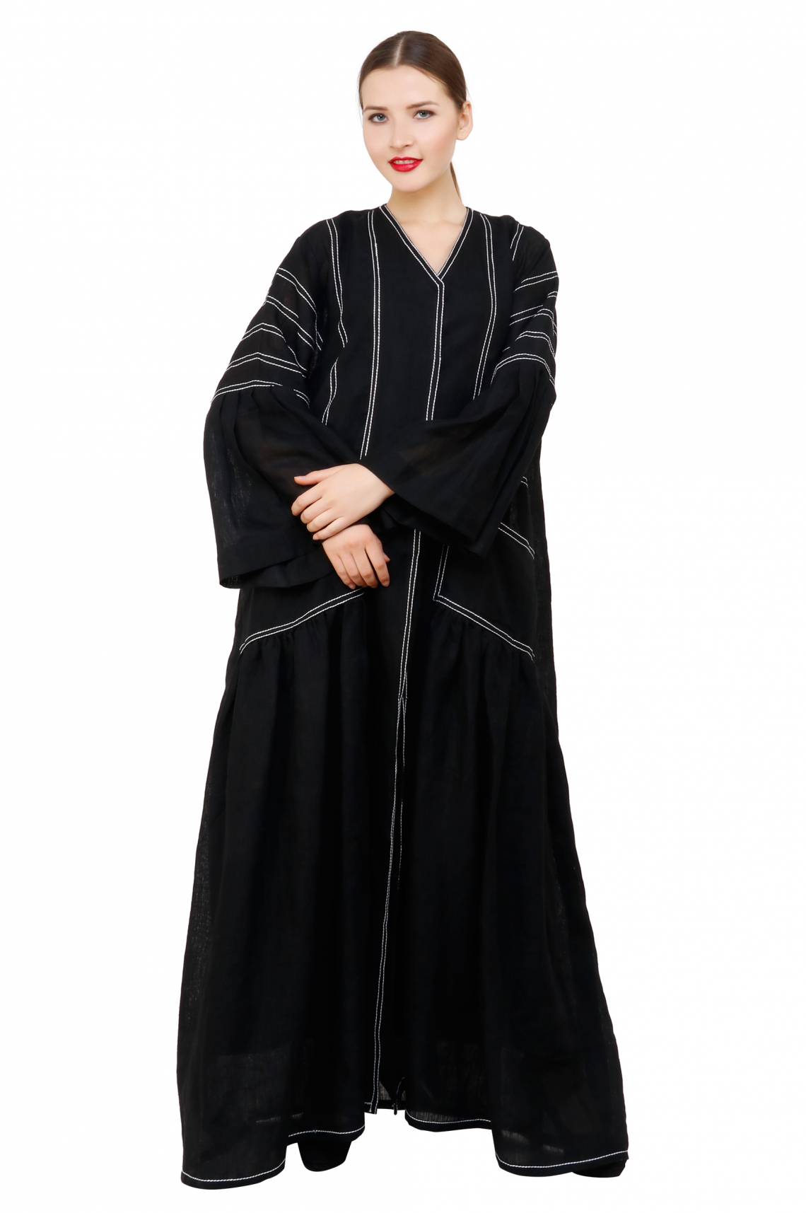 Shop Black Linen Abaya with Contrast Stitch Line Detailing for AED 599. ...