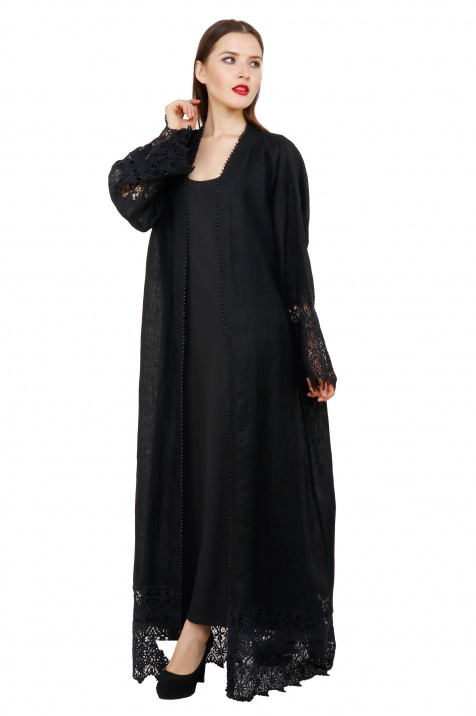 Shop Black Linen Abaya with Lace Detailing for AED 649.50 by Alnuqi ...